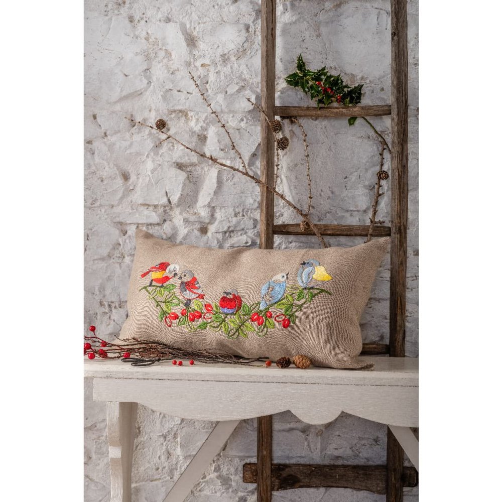 Anchor Stamped Cushion with Cushion Back Satin Stitch kit Linen Vintage Birds Long Cushion, 60x32cm, DIY