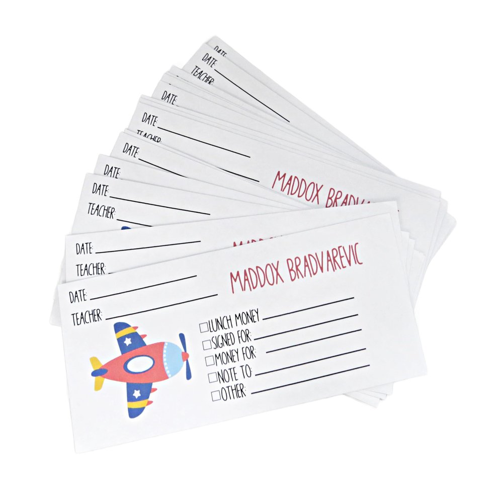 Personalized School Money Envelopes - Custom Teacher Envelopes - Notes to Teacher Envelope - Lunch Money Envelopes Class Trip Send Money to School Supplies (8 - Airplane, Quantity of 10)