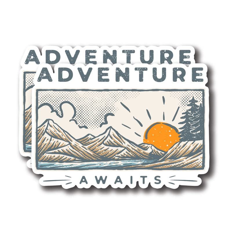 Adventure Awaits - Camping Camper Hiking Outdoors Nature Explore - Premium Quality Laminated Vinyl Stickers 2-Pack | 5-Inch on Widest Side | Made in USA - FHJ136