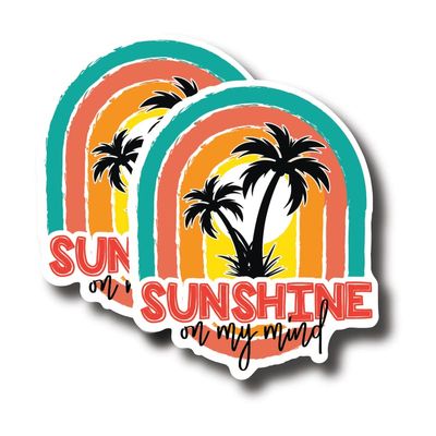 Sunshine On My Mind - Palm Trees Sunkissed Beach Bum Stickers - Premium Quality Laminated Vinyl Stickers 2-Pack | 5-Inch on Widest Side | Made in USA - FHJ263