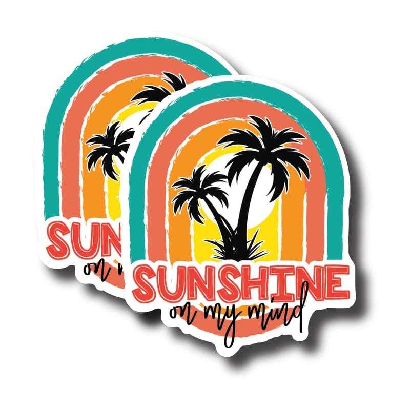 Sunshine On My Mind - Palm Trees Sunkissed Beach Bum Stickers - Premium Quality Laminated Vinyl Stickers 2-Pack | 5-Inch on Widest Side | Made in USA - FHJ263