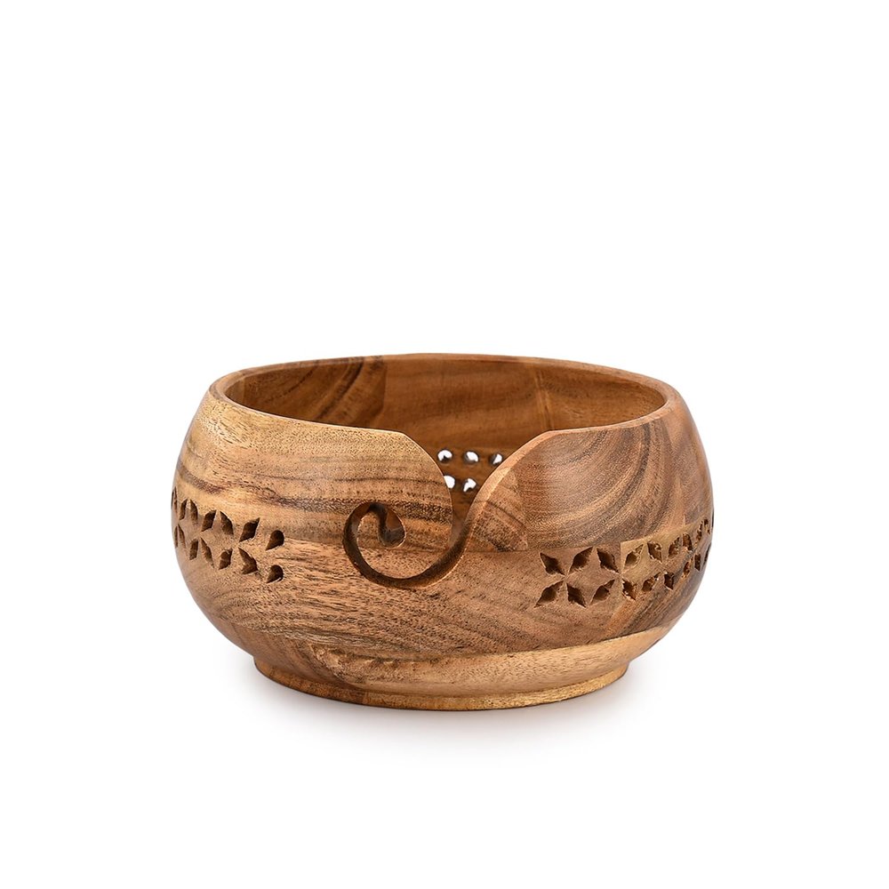 SAMHITA Acacia Wood Yarn Bowl Holder |Handmade Crocheting Accessories and Supplies Organizer (7" x 7" x 4")
