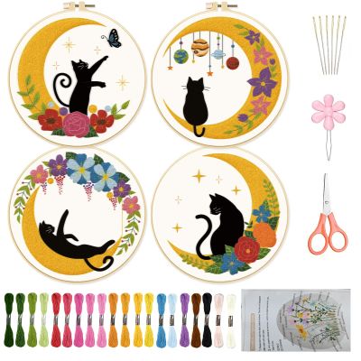 ORIGACH 4 Pack Cat Moon Embroidery Kits for Beginners, DIY Starter Hand Embroidery Kit with Moon Floral Patterns and Instructions