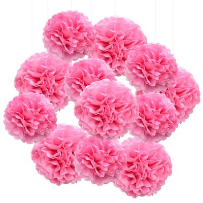 Hocansen 12Pcs Tissue Paper Pompoms 10in+12in Paper Pom Poms Flowers Fluffy Paper Flower Ball for Wall Party Hanging Decoration (RQH/Pink)