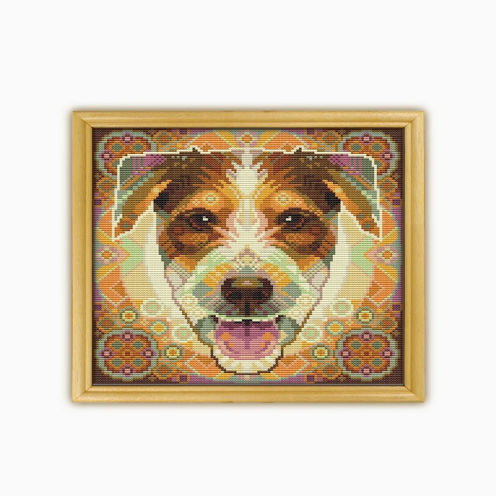 Mandala Parson Russell Terrier CS2135-1 - Counted Cross Stitch KIT#2. Set of Threads, Needles, AIDA Fabric, Needle Threader, Embroidery Clippers and Printed Color Pattern Inside.
