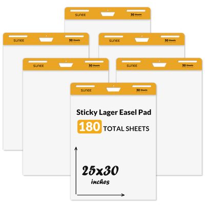 SUNEE Sticky Easel Pads, 25 x 30 Inches Chart Paper (6 Pack), Self Stick Easel Paper for White Board, Large White Premium Self Stick Flip Chart Paper, 30 Sheets/Pad, 6 Pads