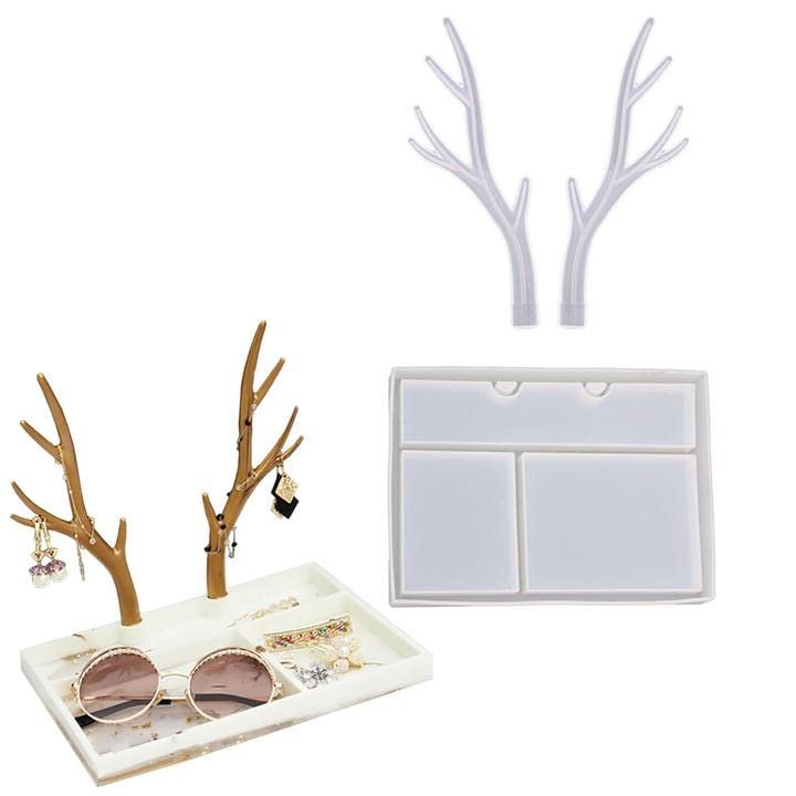 YIRUZWRD Antlers Resin Molds Silicone Molds for Epoxy Resin Casting DIY Deer Horn Molds Kit with Diamonds Tray Jewelry Strorage