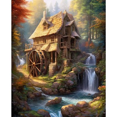 Tucocoo Rustic Cabin Paint by Number for Adults, DIY Digital Oil Painting Kits on Canvas with Brushes and Acrylic Pigment Forest Waterwheel Waterfall Picture for Home Decor Gift 16x20inch (Frameless)