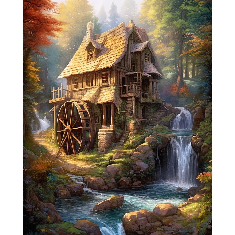 Tucocoo Rustic Cabin Paint by Number for Adults, DIY Digital Oil Painting Kits on Canvas with Brushes and Acrylic Pigment Forest Waterwheel Waterfall Picture for Home Decor Gift 16x20inch (Frameless)