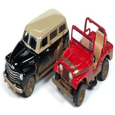 CJ-5 Renegade (Dirty Version) Red and 1950 Chevy Suburban 3100 (Dirty Version) Black Set of 2 Pieces 1/64 Diecast Model Cars by Johnny Lightning JLPK006-OFFROAD