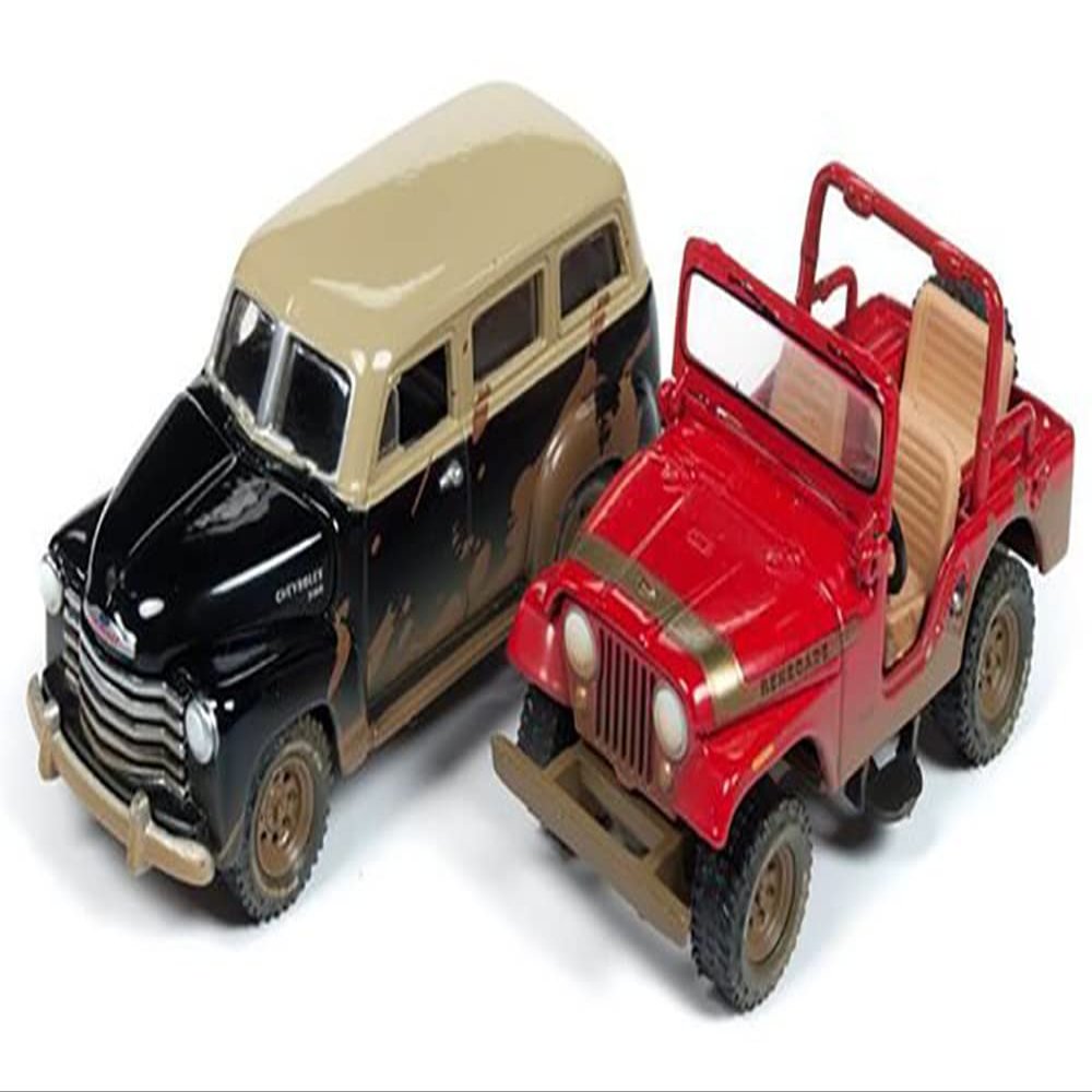 CJ-5 Renegade (Dirty Version) Red and 1950 Chevy Suburban 3100 (Dirty Version) Black Set of 2 Pieces 1/64 Diecast Model Cars by Johnny Lightning JLPK006-OFFROAD