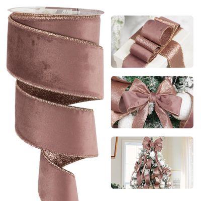 HUIHUANG Christmas Velvet Wired Ribbon 2-1/2" Rose Gold Velvet Ribbon with Glitter Rose Gold Backing, for Christmas Tree, Tree Top Bows, Wreath, Graland, Home Decor Crafts- 10 Yards