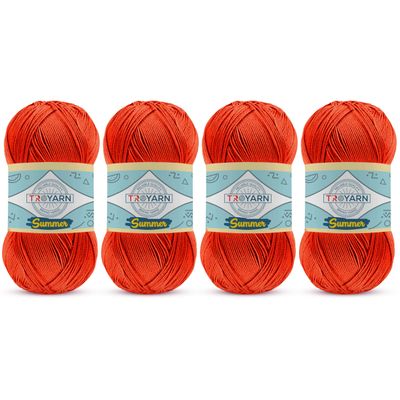 TROYARN Summer (4- Skeins Pack) Silk Effect Hand Knitting Yarn Crochet Art Lace Craft 100% Microfiber Acrylic 4x100 gr (4x383 yds) (105037 - Orange)