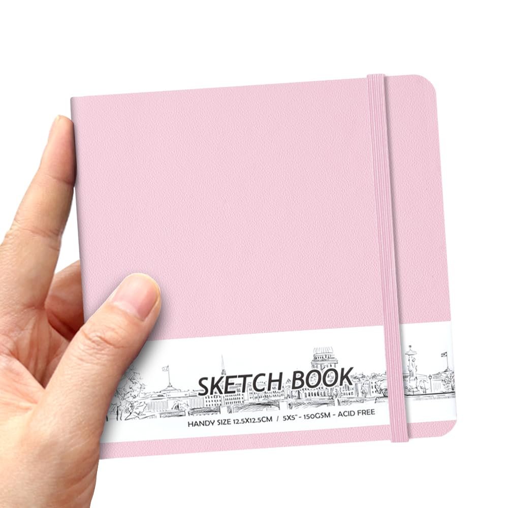 qianshan 5" x 5" Hardcover Sketch Book,Small Mixed Media Sketch Pad,58 Sheets 150GSM Acid-Free Artist Drawing Paper,Travel Journal Blank Notebook for Adults Painting,Illustration,Art Supplies.Pink