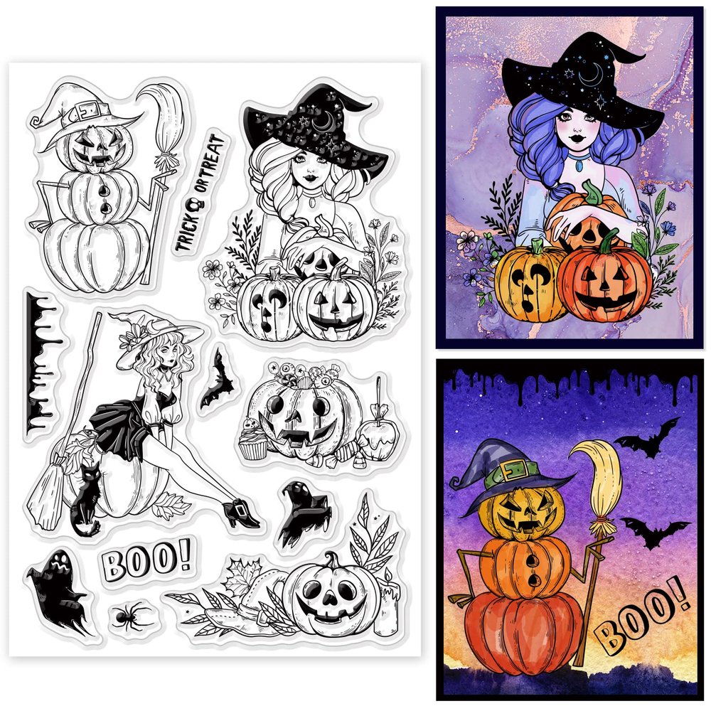 ORIGACH Halloween Pumpkin Witch Clear Stamps, Witch Trick or Treat Reusable Transparent Silicone Stamps for Halloween Card Making DIY Scrapbooking, 6.3x4.3inches