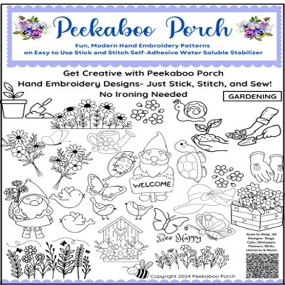 Garden Flowers Gnome Ready-to-Use Fun Modern Embroidery Design Transfers on Stick and Stitch Water Soluble Sewing Stabilizer Paper for Hand Embroidery Kit Thread Art Projects