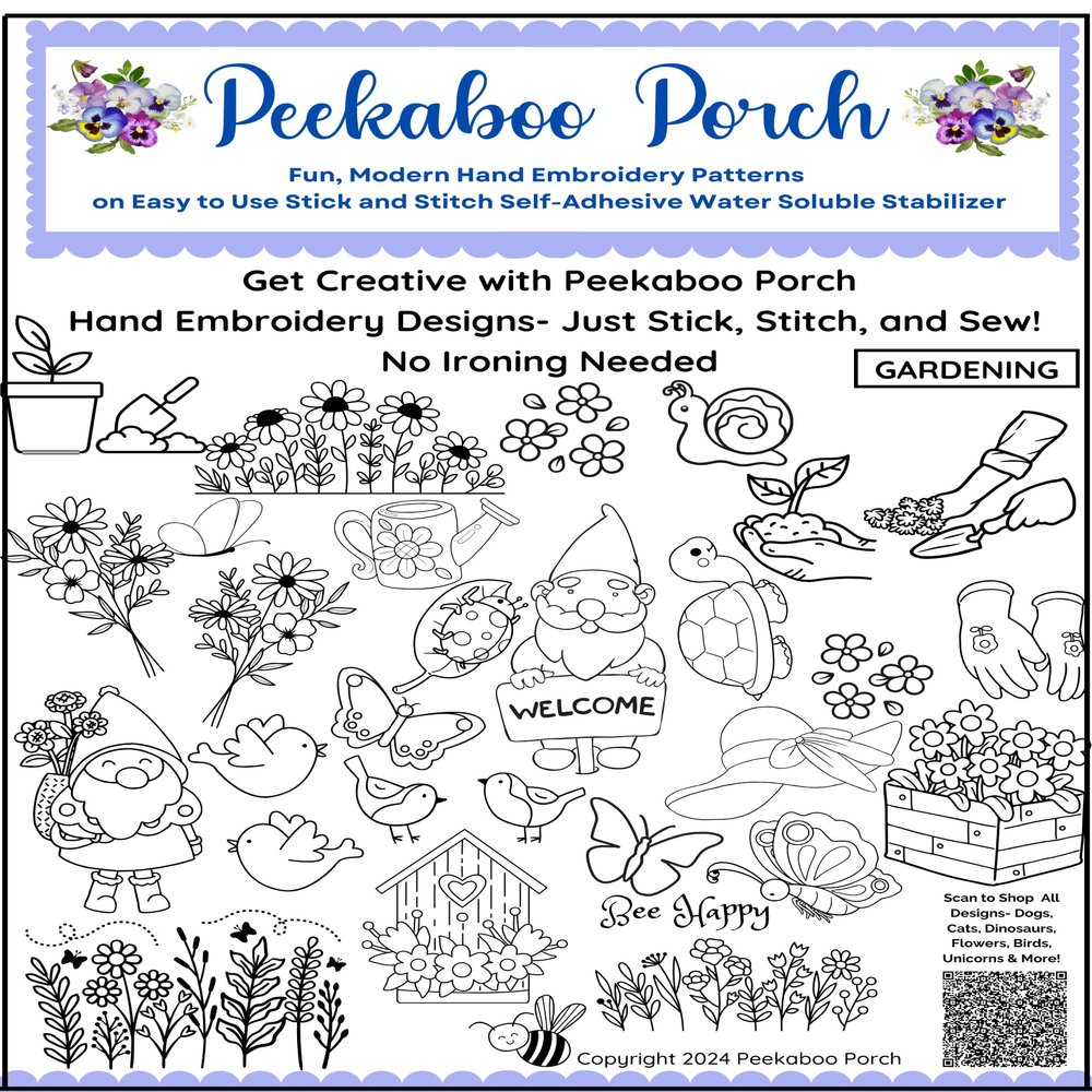 Garden Flowers Gnome Ready-to-Use Fun Modern Embroidery Design Transfers on Stick and Stitch Water Soluble Sewing Stabilizer Paper for Hand Embroidery Kit Thread Art Projects