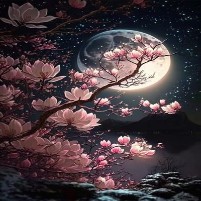RMSGOZO 5D Summer Night Diamond Painting Kits - Flowers Under The Moon Full Round Diamond Crystal Art Craft Kits for Adults and Kids, for Wall Decor & Living Room Decor Gifts (16 X 24 Inch)