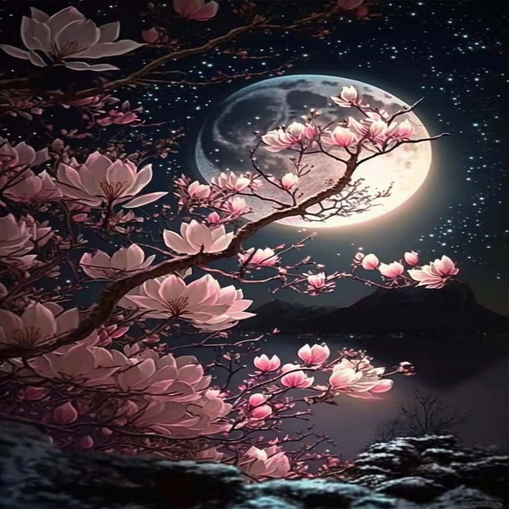 RMSGOZO 5D Summer Night Diamond Painting Kits - Flowers Under The Moon Full Round Diamond Crystal Art Craft Kits for Adults and Kids, for Wall Decor & Living Room Decor Gifts (16 X 24 Inch)