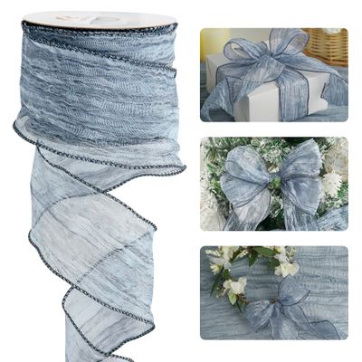 HUIHUANG Blue Wire Ribbon 2.5 inch Metallic Crinkle Dusty Blue Wired Ribbon for Bows Making Gift Wrapping Wreaths Holiday Home Decor DIY Crafts Christmas Tree Bows -10 Yards