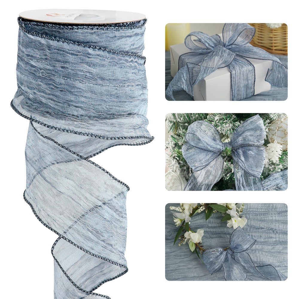 HUIHUANG Blue Wire Ribbon 2.5 inch Metallic Crinkle Dusty Blue Wired Ribbon for Bows Making Gift Wrapping Wreaths Holiday Home Decor DIY Crafts Christmas Tree Bows -10 Yards