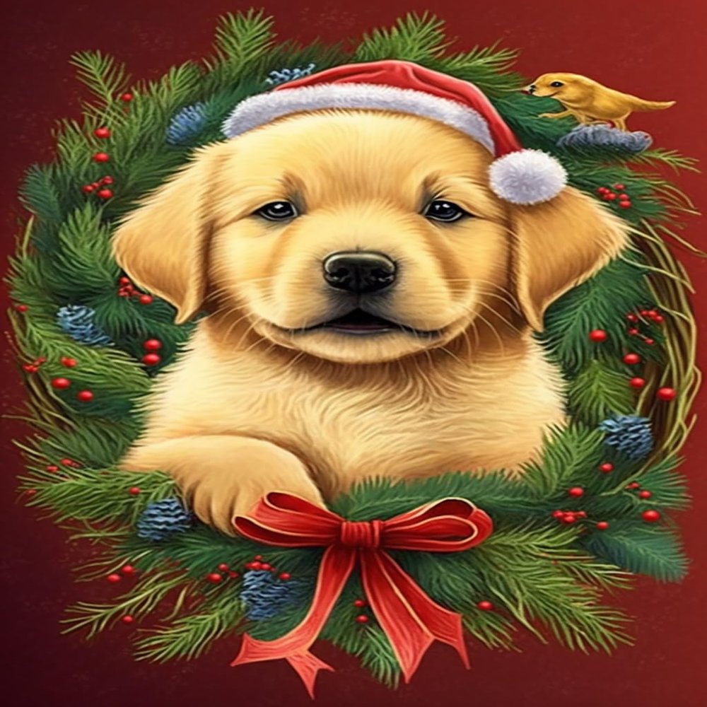 Caievy Diamond Painting Kits Christmas Wreath Puppy, Diamond Painting for Beginners Handmade 5D Full Diamond Gemstone Paste Craft for Home Decor Wall Decor or Gifts 8x12Inch