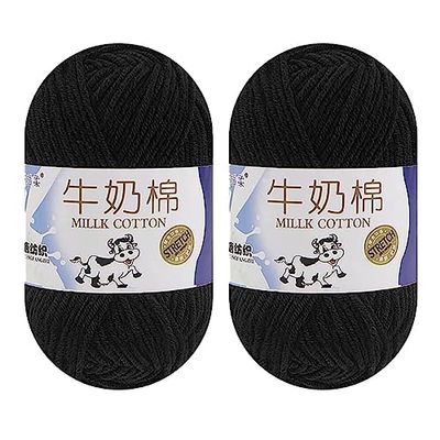 2 Rolls Soft Milk Cotton Yarn Skeins for DIY Doll Sweater Hats Scarf Shawl (18 Black)