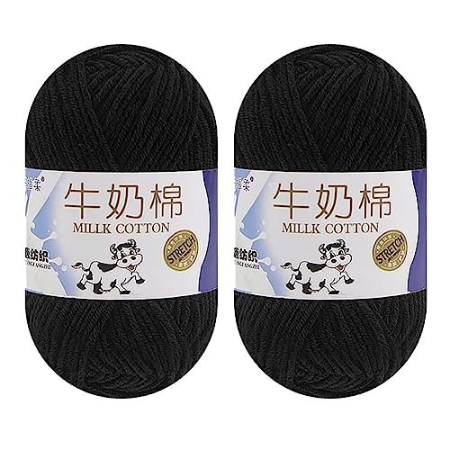 2 Rolls Soft Milk Cotton Yarn Skeins for DIY Doll Sweater Hats Scarf Shawl (18 Black)