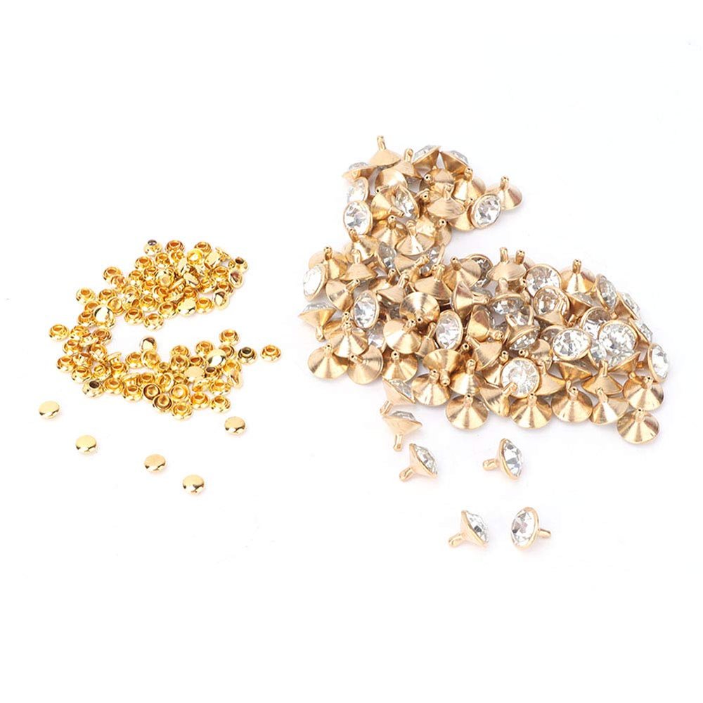 100 Sets Crystal Rivets Rhinestone Rivets Studs, 12mm White Clear Crystal Rivets Rapid Rhinestone Stud Spots Studs for Leather Craft DIY Making(Gold)