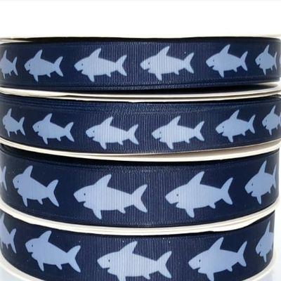 3 yds 3/8" or 5/8" or 7/8" Gray Sharks Shark on Navy Blue Grosgrain Ribbon (5/8")