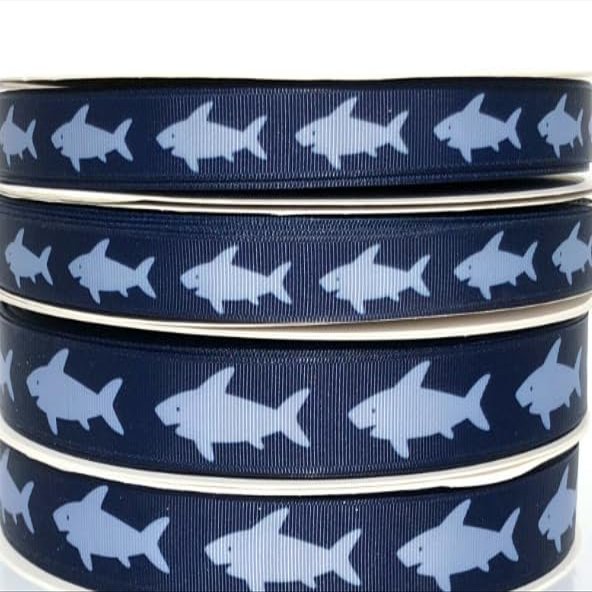3 yds 3/8" or 5/8" or 7/8" Gray Sharks Shark on Navy Blue Grosgrain Ribbon (5/8")