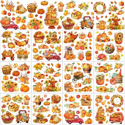 BBTO 12 Sheets Thanksgiving Rub on Transfers for Crafts and Furniture Fall Pumpkin Maple Leaf Sunflower Rub on Decals Autumn Stickers for Home Office Paper Wood DIY Crafts, 5.5 x 5.5 Inch