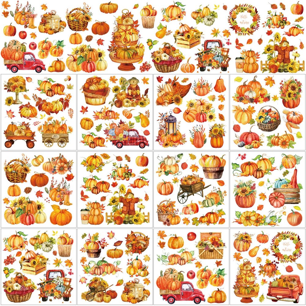 BBTO 12 Sheets Thanksgiving Rub on Transfers for Crafts and Furniture Fall Pumpkin Maple Leaf Sunflower Rub on Decals Autumn Stickers for Home Office Paper Wood DIY Crafts, 5.5 x 5.5 Inch