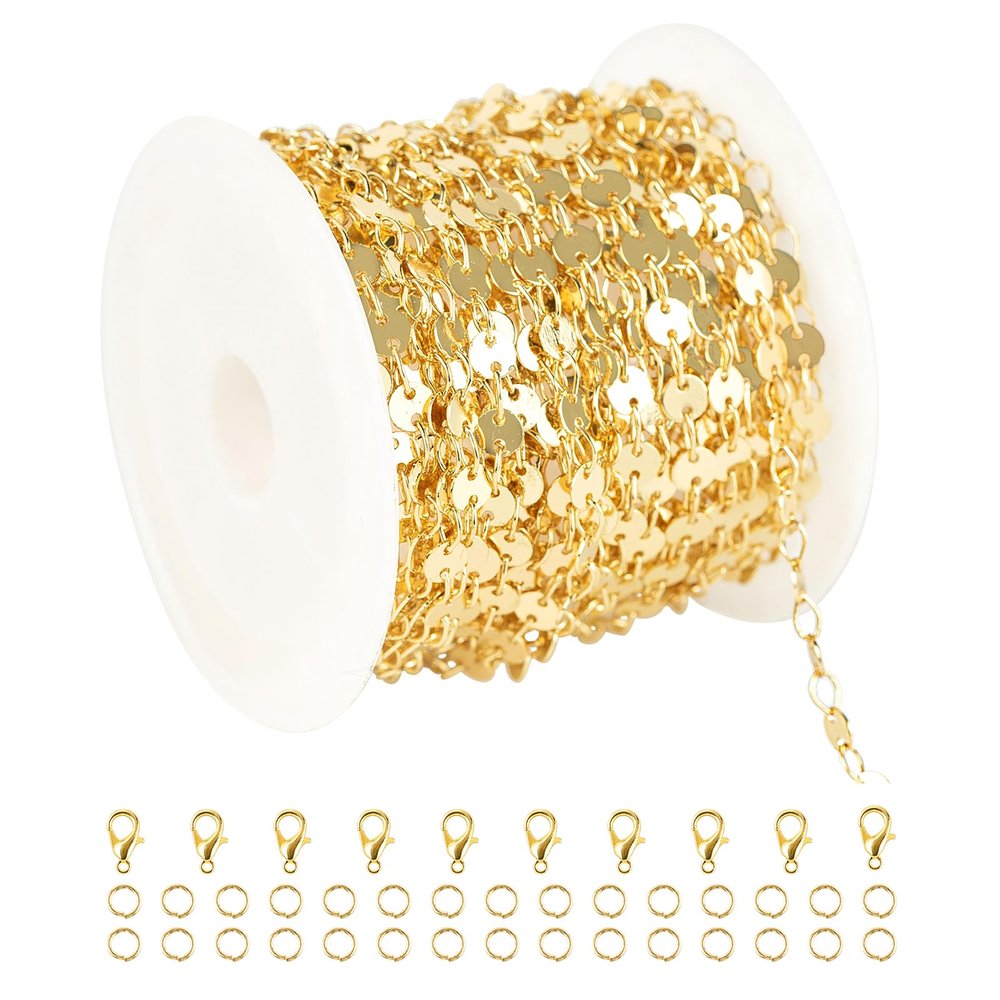 YOUBEIYEE 16.4 Feet Light Gold Sequin Chain for Jewelry Making Solid Brass 16K Gold Plated Chains Bulk Bracelet Necklace DIY Jewelry Supplies Findings