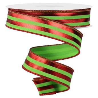 Metallic Vertical Stripes Wired Edge Ribbon, 1.5" x 10 Yards (Lime Green, Red)