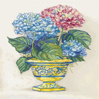Wizardi Counted Cross Stitch Kit Hydrangea Blooms L8065 Floral Bouquet in Vase Embroidery, 16ct Zweigart Aida Anchor 48 Colors Floss, 11.81x8.66 Kit for Adults Letistitch