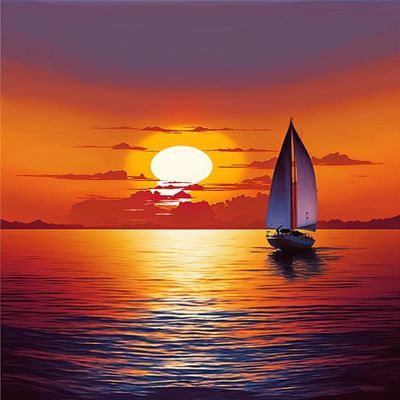 RMSGOZO Oil Painting Sailboat Diamond Painting Kits - Orange Sea Full Circle Gemstone Crystal Cross Stitch Kit for Adults, Great Gifts for Home Decor & Living Room Decor (16 X 20 Inch)