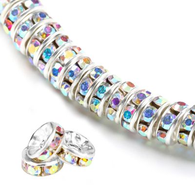 200Pcs 10mm Rondelle Spacer Beads Silver Plated Rhinestone AB Color Crystal Loose Beads for Necklaces Bracelets Jewelry Making