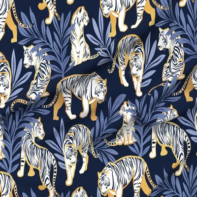 Spoonflower Fabric - Maximalist Tiger Animalier Bold Graphic Blue White Gold Large Scale Printed on Denim Fabric by The Yard - Bottomweight Apparel Home Decor Upholstery
