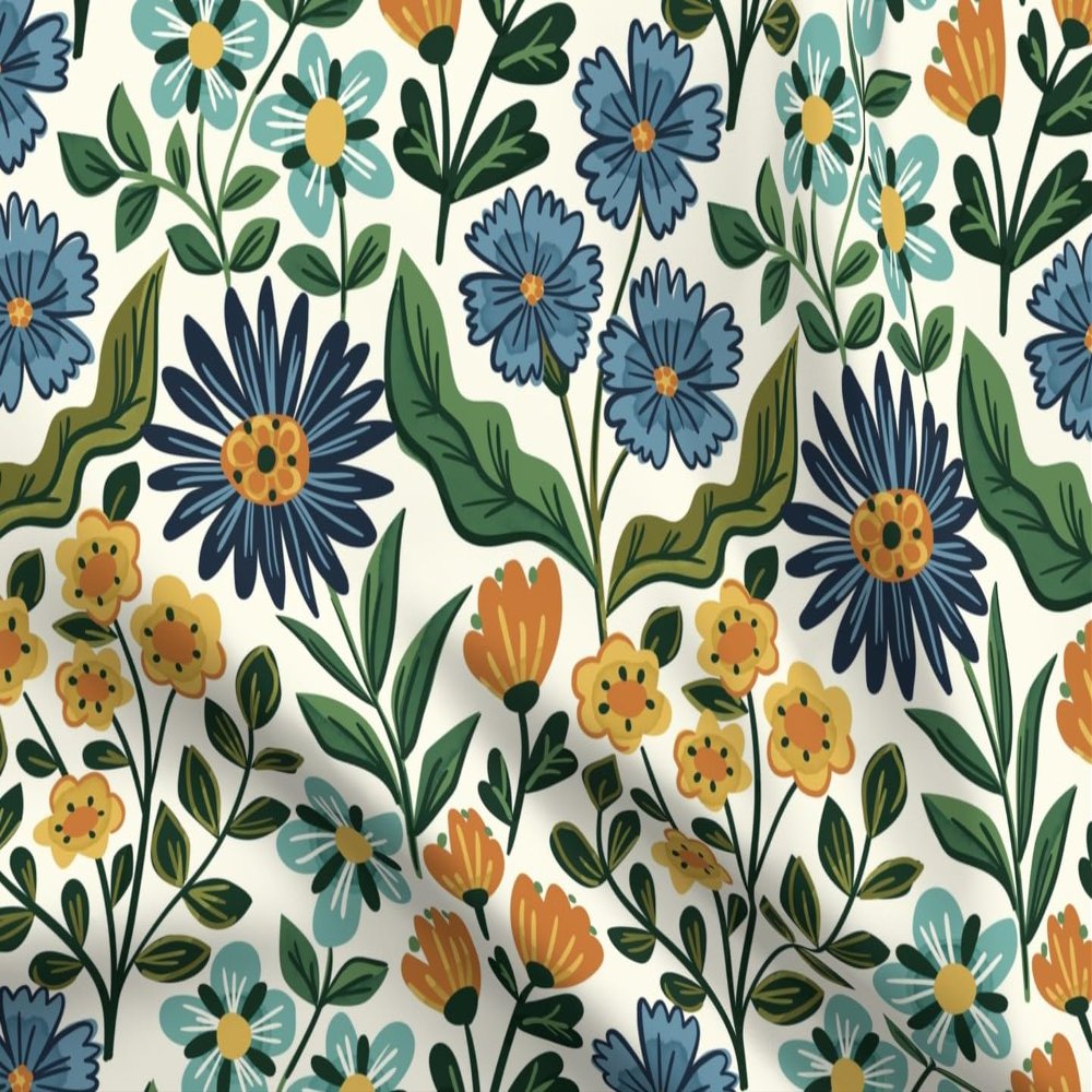 Spoonflower Fabric - Wildflower Graceful Flowers Blossoms Petals Blue Green Orange Marigold Printed on Denim Fabric Fat Quarter - Bottomweight Apparel Home Decor Upholstery