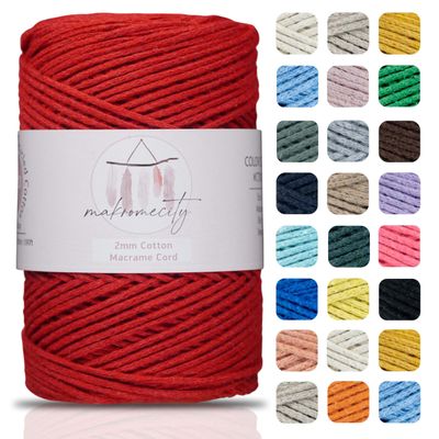 Makromecity, Cotton Macrame Cord 2mm x 195 Yards (590 feet) 2mm Recycled Cotton Crochet Yarn for Macrame Art & Crafts for Wall Hangings, Bags, Underplate, Rug (25 Colors Available) (Red)