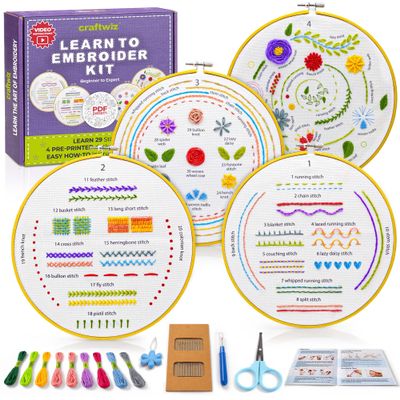 Craftwiz 4-Piece Starter Embroidery Kit for Beginners and Expert with Simple Patterns, Learn 29 Stitches with Hand Embroidery Kit
