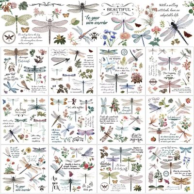 BBTO 12 Sheets Summer Dragonfly Rub on Transfers for Crafts and Furniture Flower Rub on Transfer Stickers Decals for Wood DIY Paper Home Decor, 5.5 x 5.7 Inch