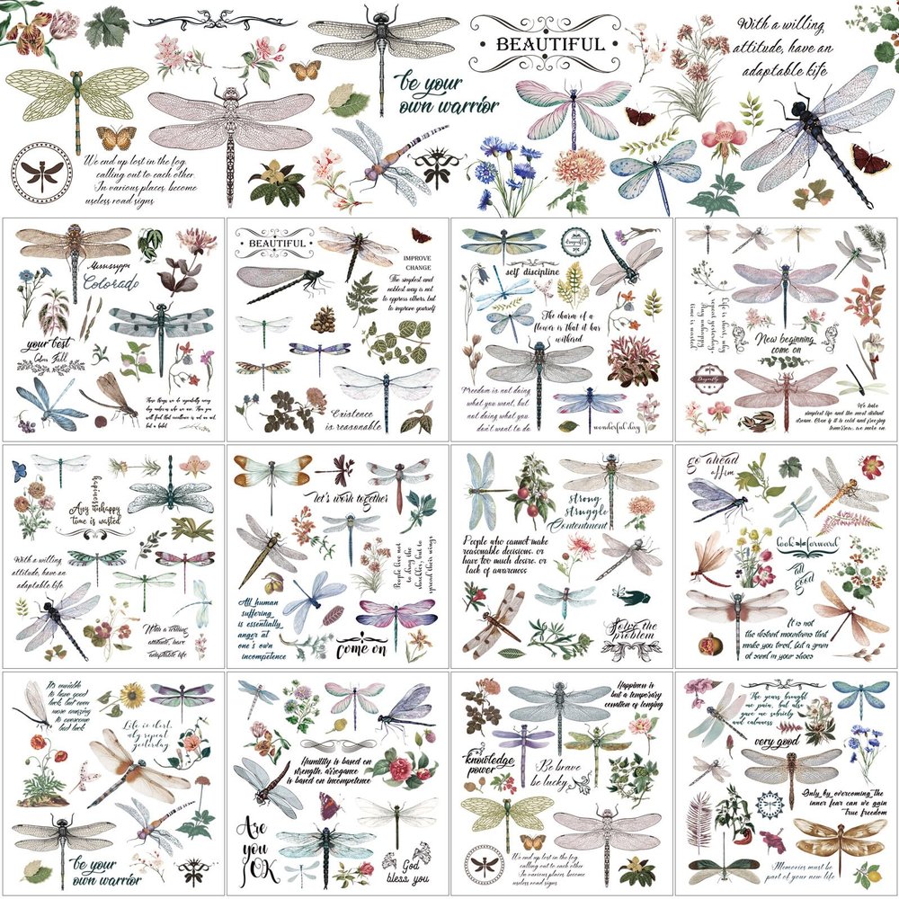 BBTO 12 Sheets Summer Dragonfly Rub on Transfers for Crafts and Furniture Flower Rub on Transfer Stickers Decals for Wood DIY Paper Home Decor, 5.5 x 5.7 Inch