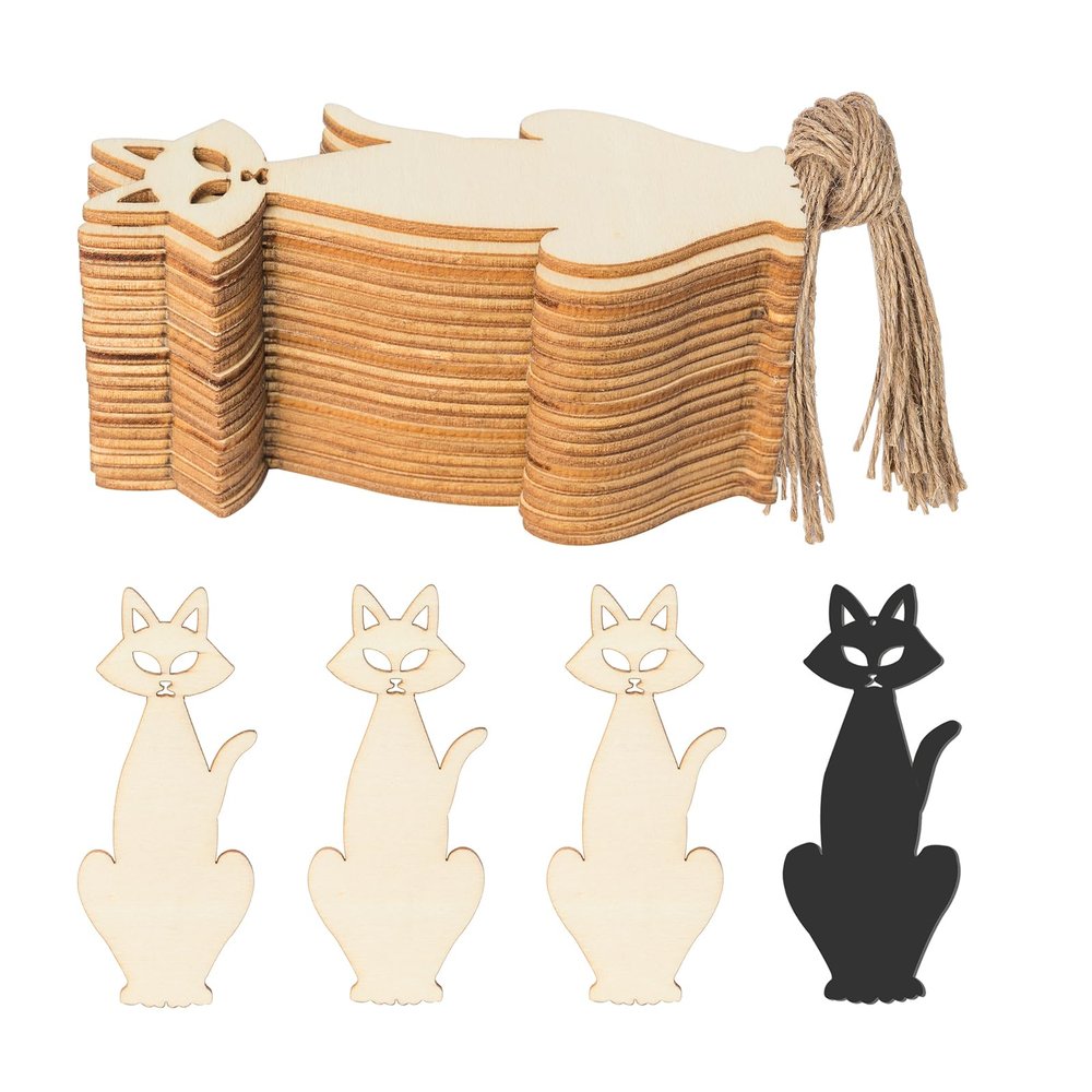 Unfinished Halloween Cat Wood Cat Shaped DIY Wood Halloween Blank Wood with Twines Art Unfinished Ornaments for Halloween Christmas Wedding Birthday Party Thanksgiving Day Decoration 20Pcs