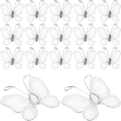 50Pcs Sheer Mesh Glitter Butterflies Mesh Wire Glitter Butterfly with Gem DIY Craft for Home Wedding Party Wall Decorations (White)