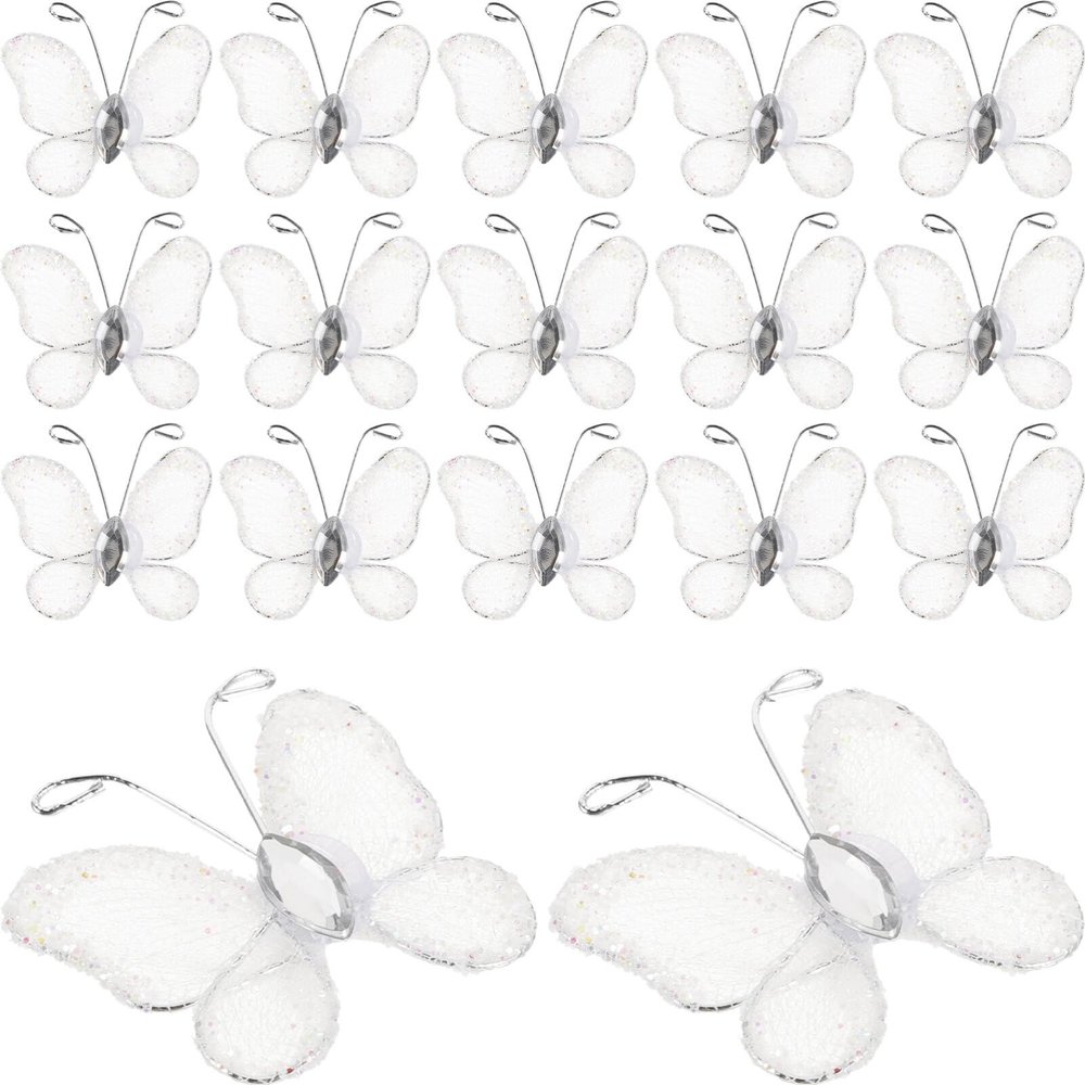 50Pcs Sheer Mesh Glitter Butterflies Mesh Wire Glitter Butterfly with Gem DIY Craft for Home Wedding Party Wall Decorations (White)