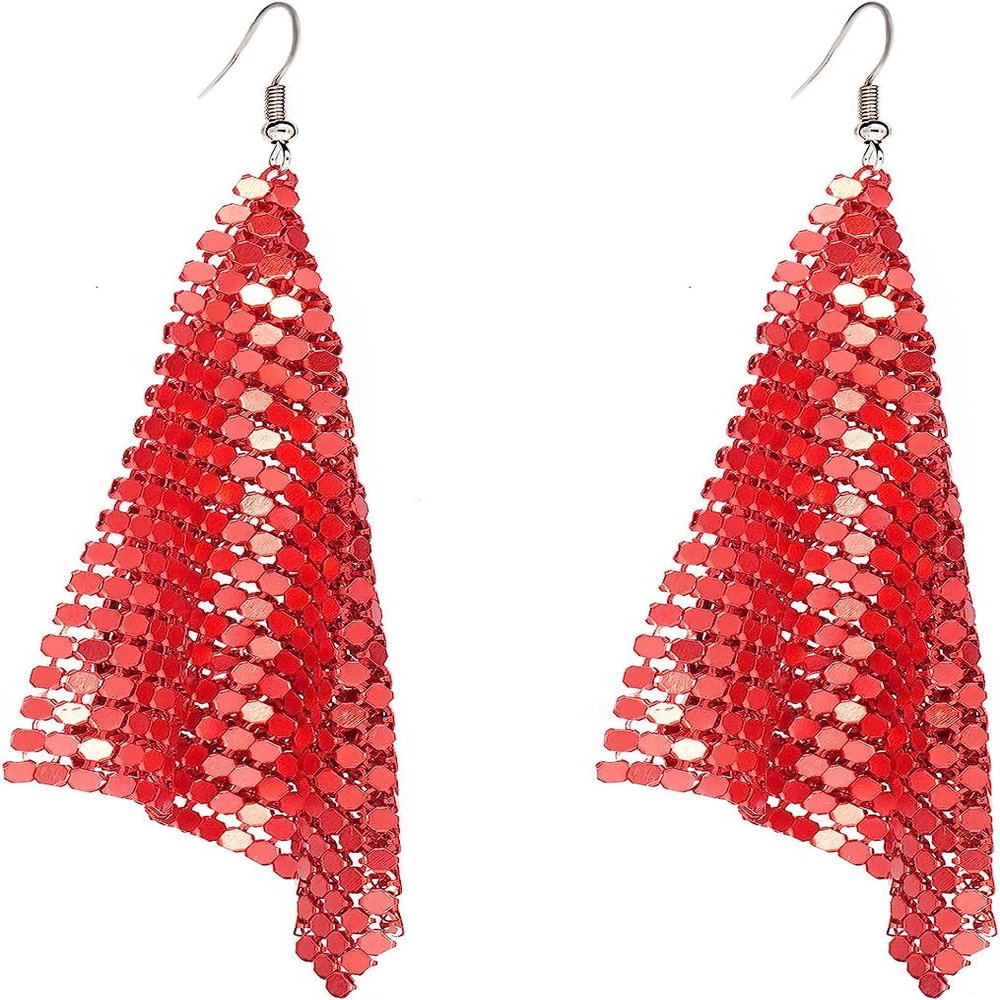 Jewelry Making Supplies DOCCESTU Rectangular Sequin Pendant Earrings Lightweight Mesh Tassel Pendant Long Earrings Colorful Sequins Women's Geometric Earrings Ball Party Jewelry (Red)