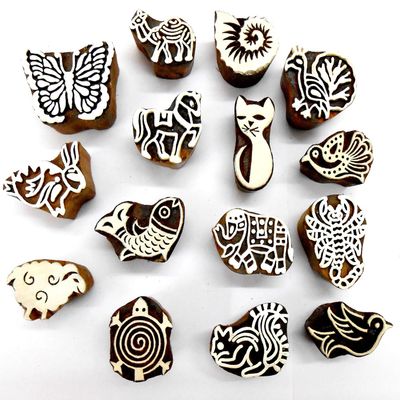 CraftsofIndia Animals and Birds Wooden Blocks for Stamping, Block Printing on Textiles, Pottery Crafts,Henna, Wall Painting (Set of 15)
