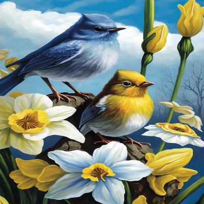 IEFSCAY Diamond Painting Kits Daffodils Peaceful Birds - Beginners Full Diamond Covered 5D Personalized Four Seasons Landscape Oil Painting Art for Small Fresh Home Decor Restaurant Decor 20x30cm